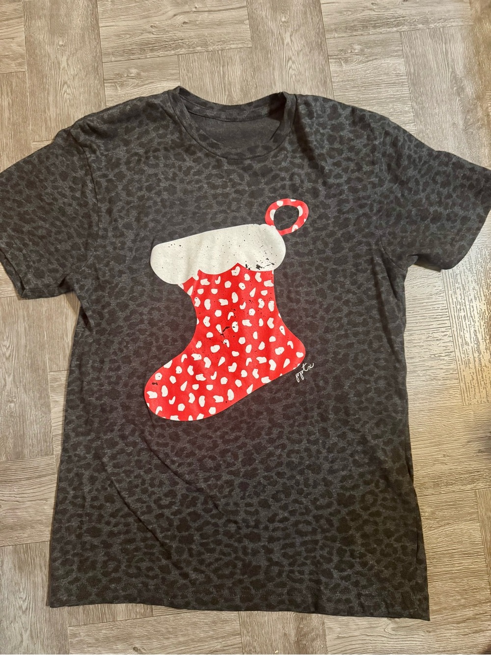 Black Leopard Tee with Red & White Holiday Stocking Graphic